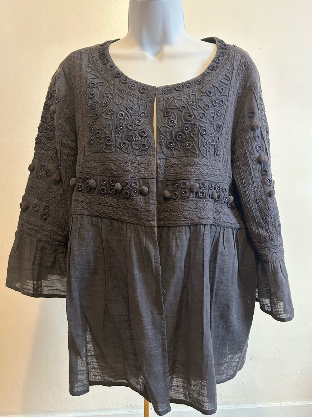 Velvet by Graham & Spencer Embroidered Pom Pom Blouse/Blazer Blue/Grey Size M